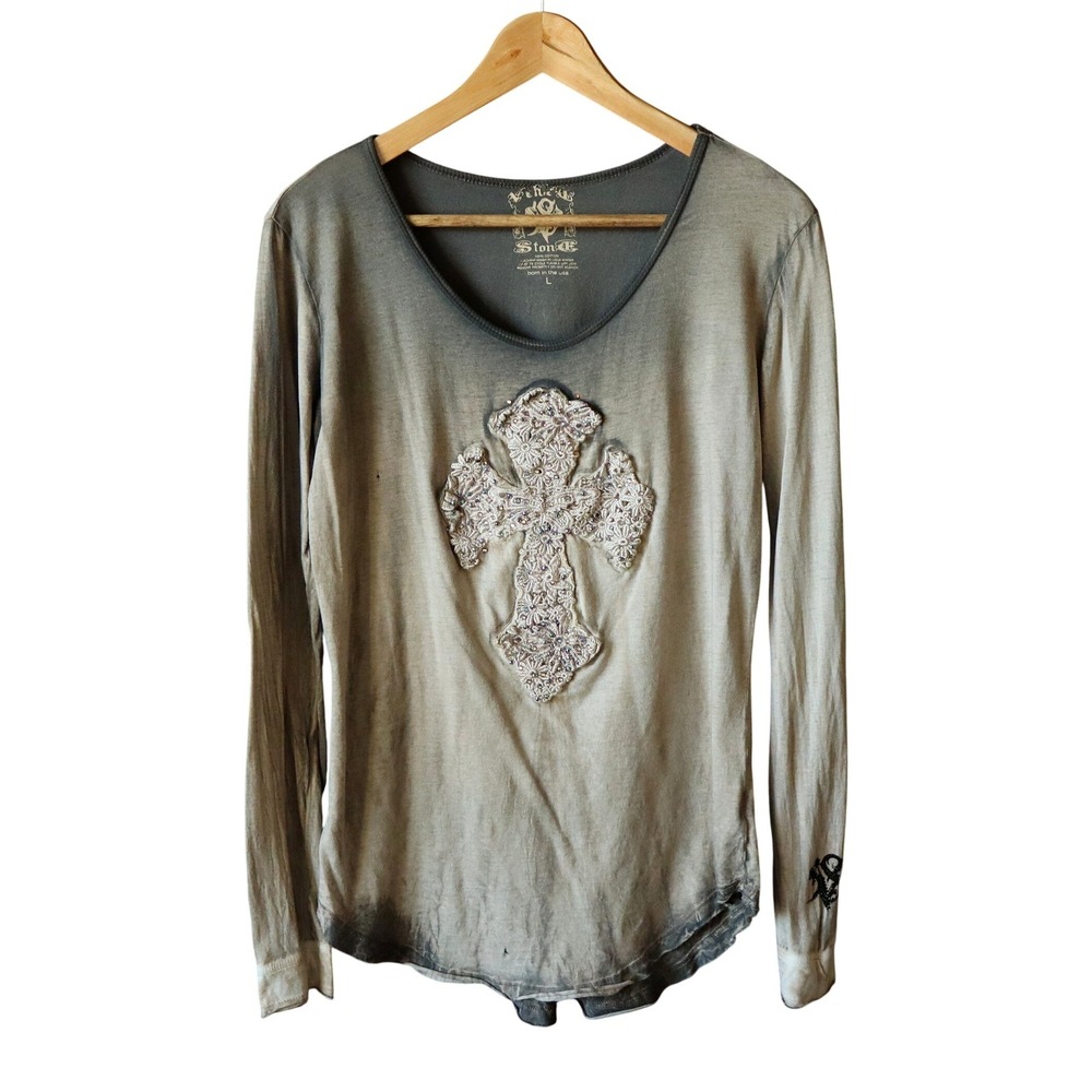 Velvet Stone Womens Cross Embroidered Rhinestone Long Sleeve Tee Grey Tan Lg Y2K